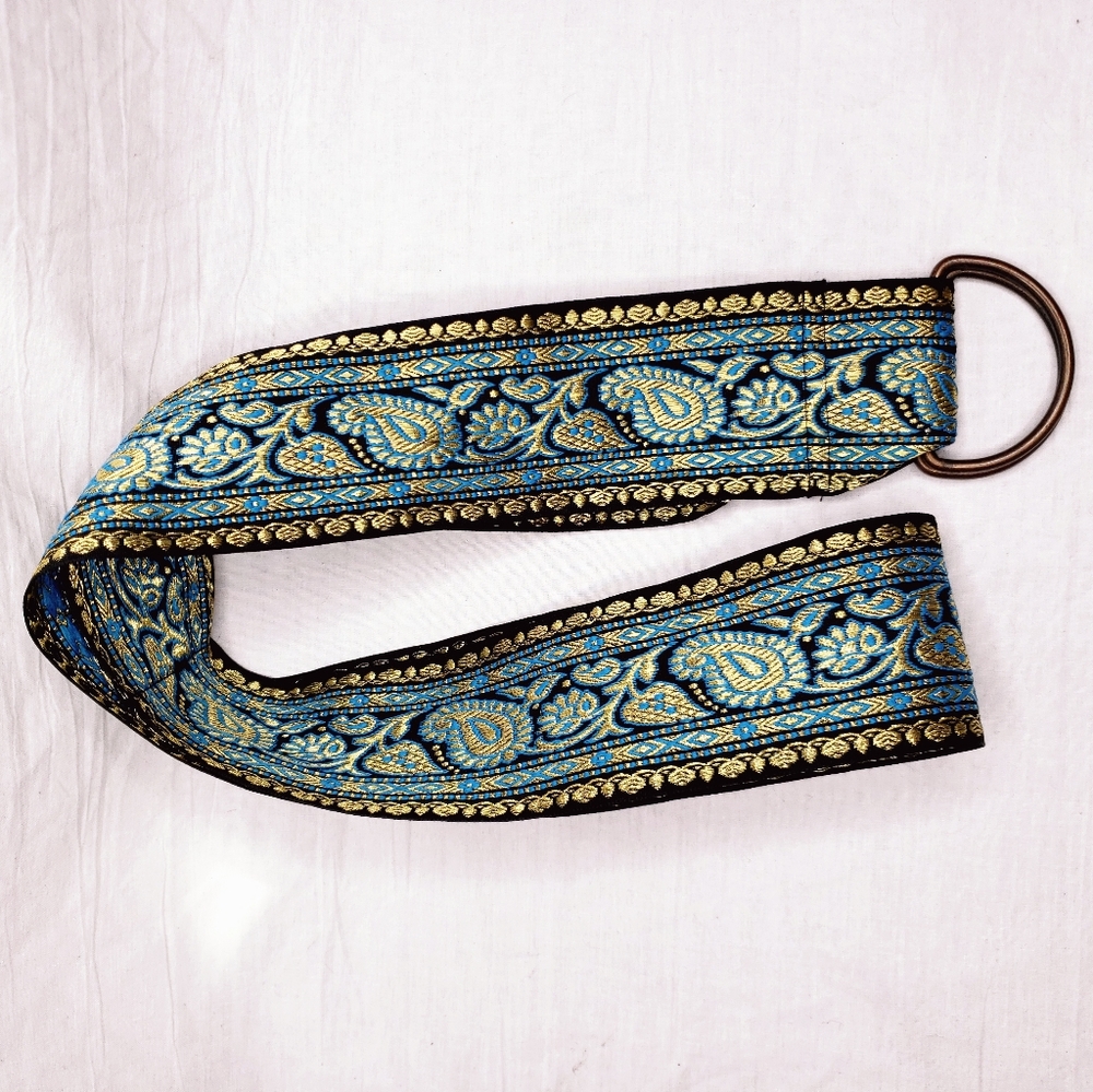 Vintage Adjustable Boho Fabric Belt D Ring Metallic Gold Thread Paisley L XL